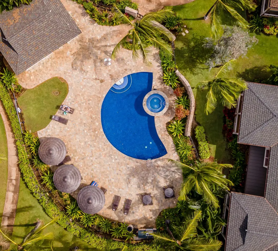 Vista aérea de una piscina curva rodeada por un patio pavimentado y palmeras.