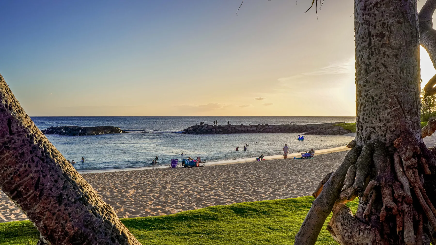 Una playa de arena y aguas tranquilas al atardecer, enmarcada por árboles.