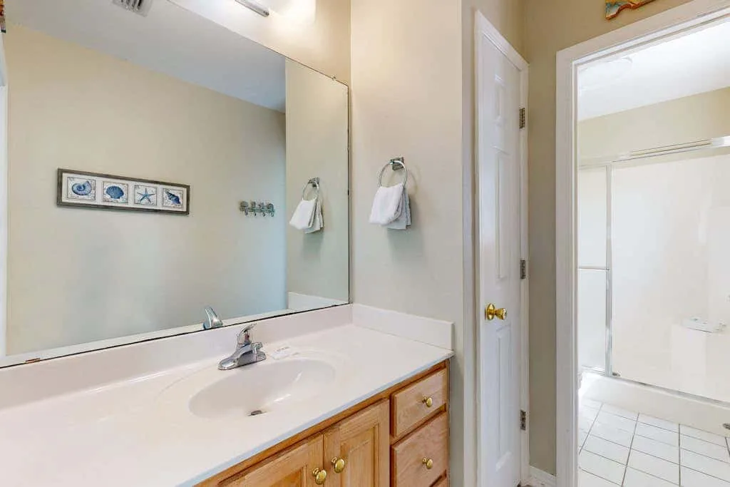 A bathroom vanity with a sink and mirror opens onto a shower area.