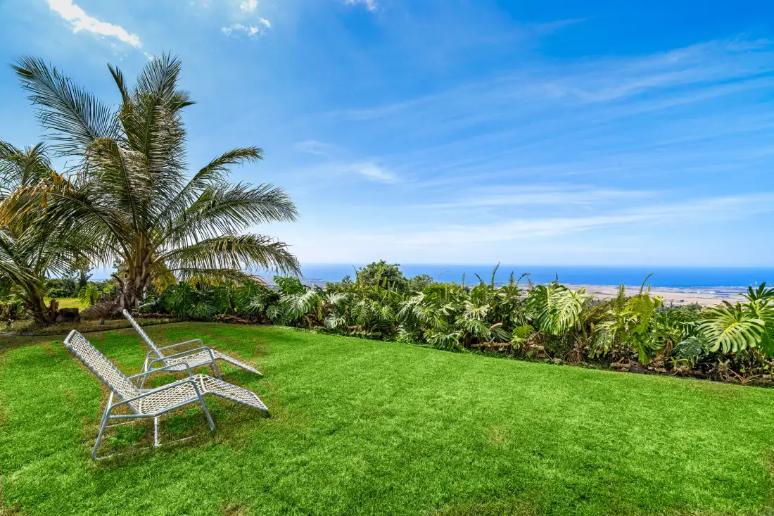 Un jardín con césped, asientos y palmeras tiene vistas al océano.