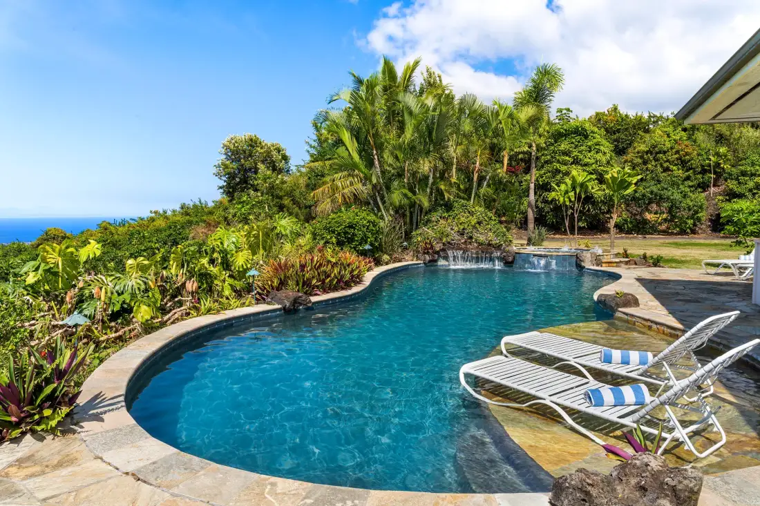 Una piscina curva junto a exuberante vegetación tropical y varias tumbonas.