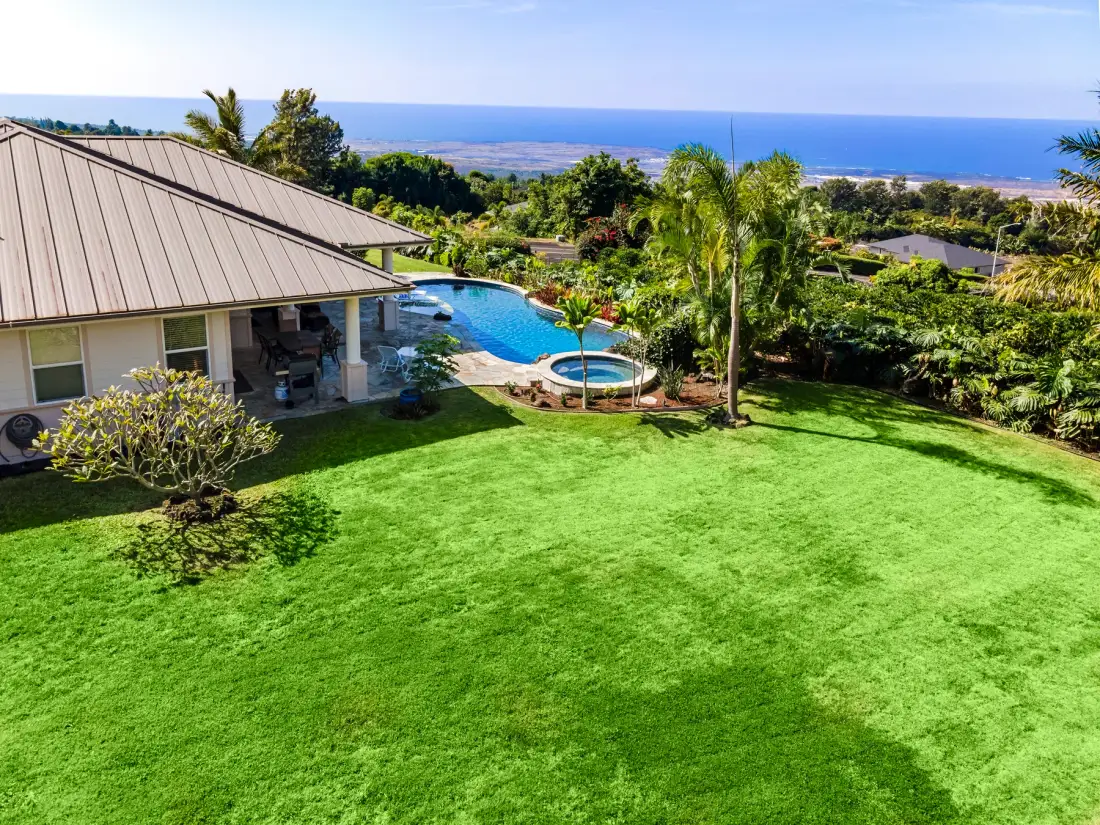 Un jardín con césped ofrece vistas de una piscina, palmeras y el océano.
