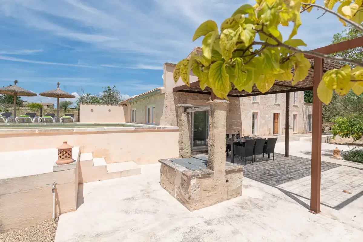 Una zona de comedor exterior de piedra junto a un patio claro y ramas frondosas.