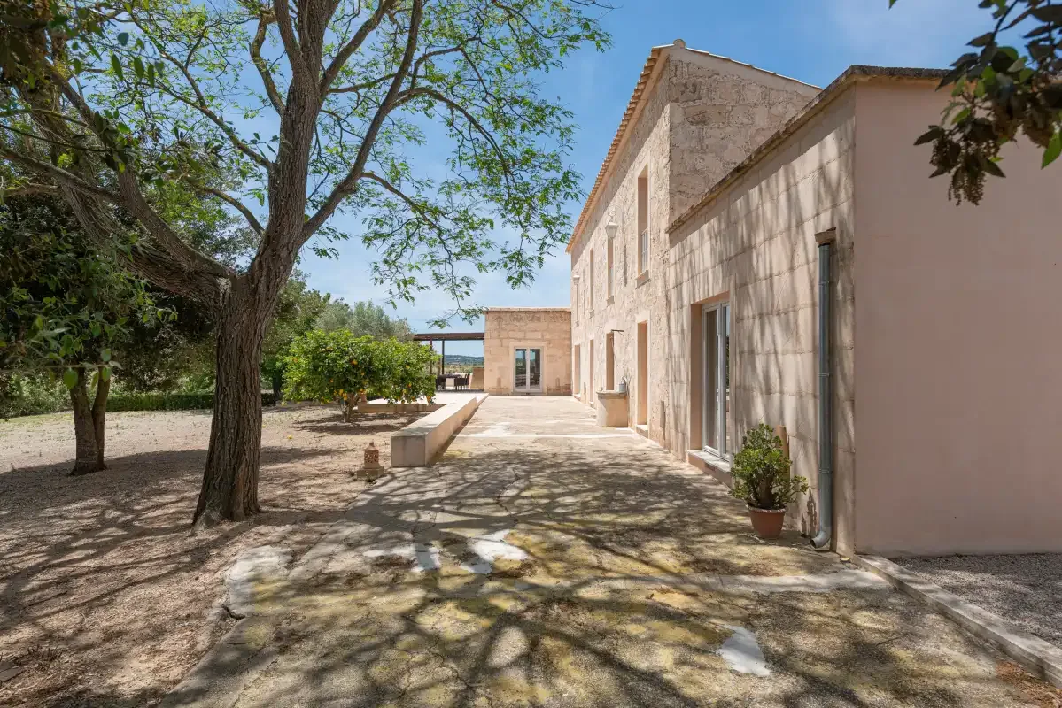 Un patio soleado junto a un edificio de piedra, con árboles que dan sombra sobre el pavimento.
