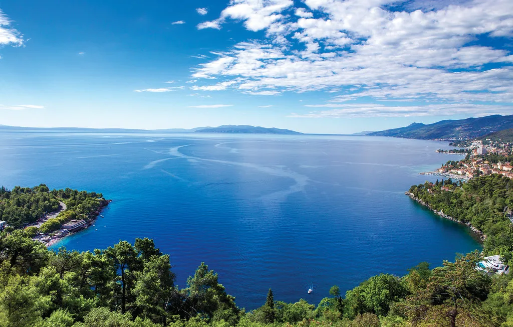 A wide coastal bay stretches between green, tree-covered shores beneath a partly cloudy sky.