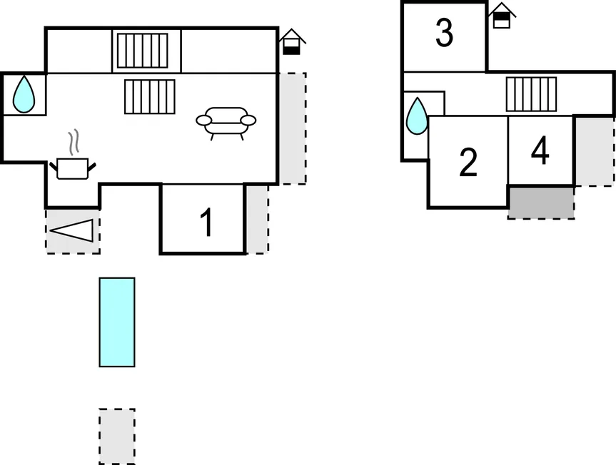 A floor plan shows several rooms, seating, and bathroom fixtures.