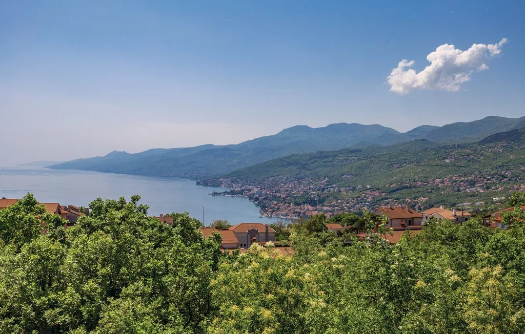 A hillside landscape overlooks a lake, with green vegetation and mountains in the distance.