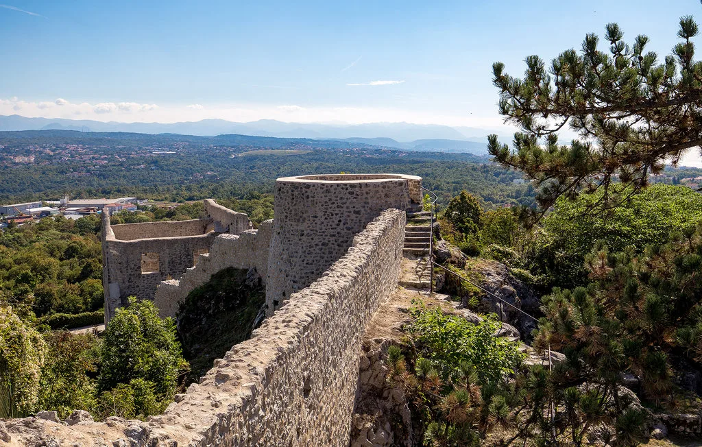 Stone ruins sit on a rocky hillside overlooking a broad forested landscape.