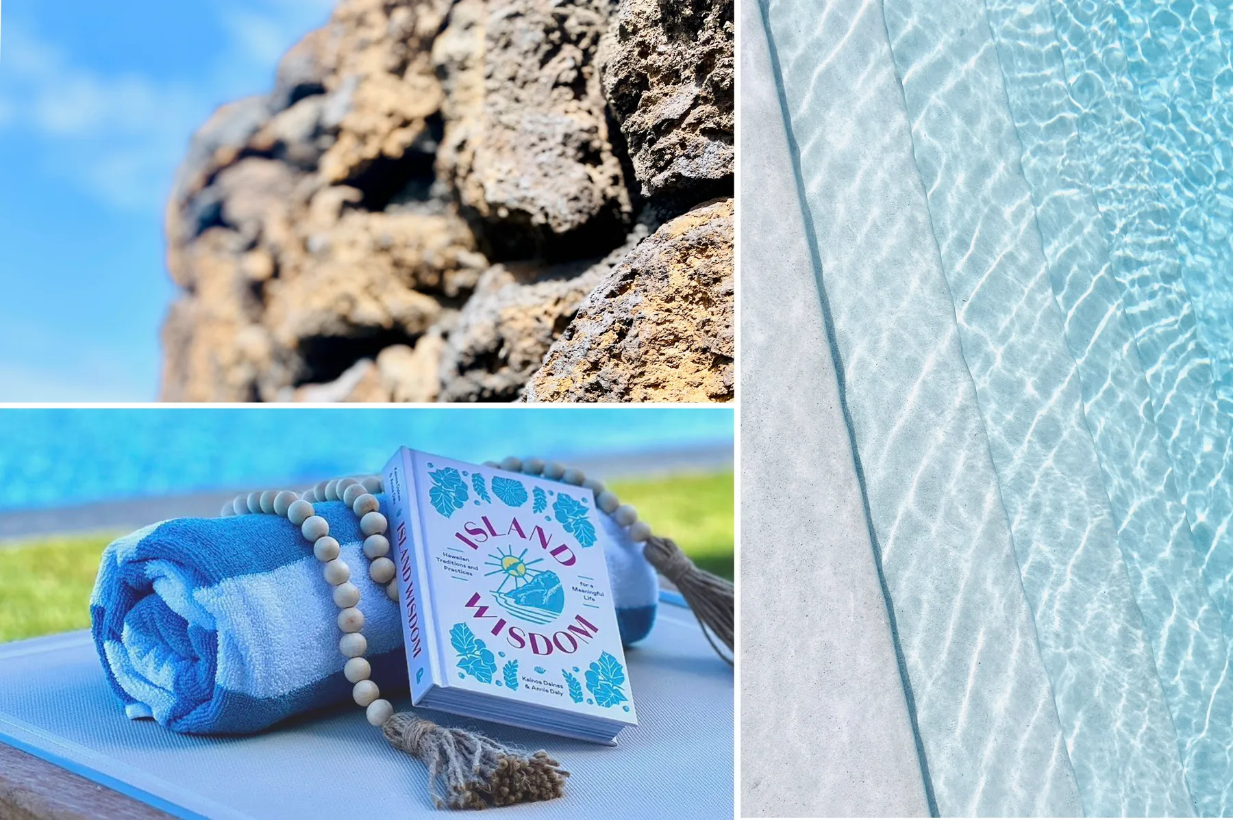 Un collage muestra una superficie rocosa, agua ondulada y una toalla azul enrollada junto a un libro.