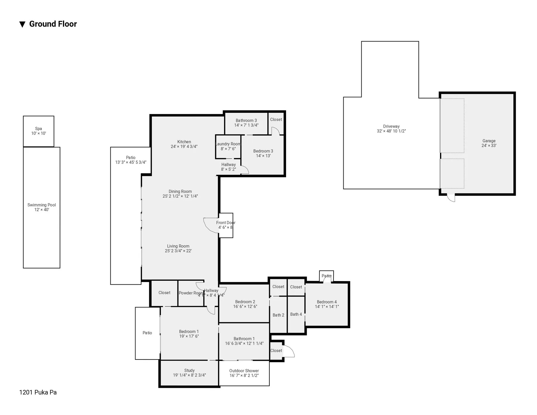 Un plano de la planta baja muestra las habitaciones de la casa, con garaje y piscina.