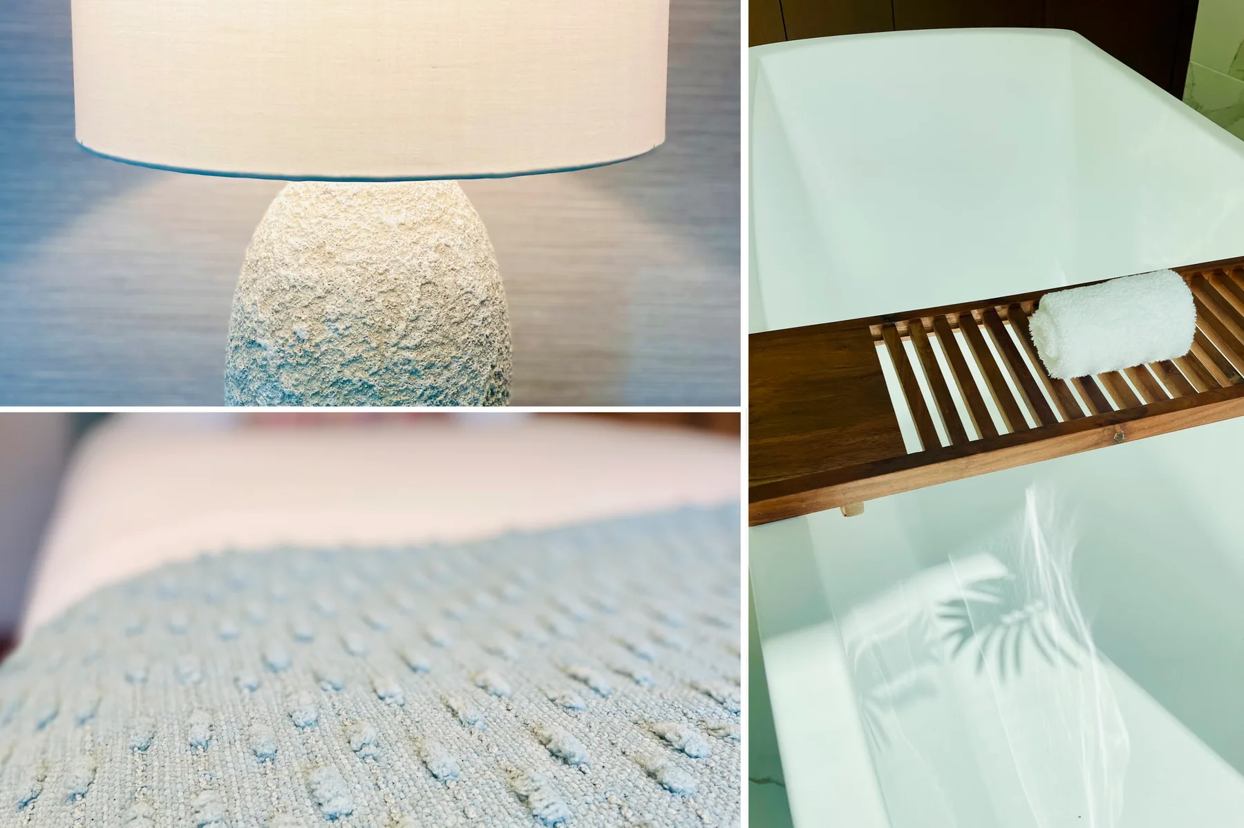 Un collage muestra una lámpara de noche, tela texturizada y una bañera con una bandeja de madera.
