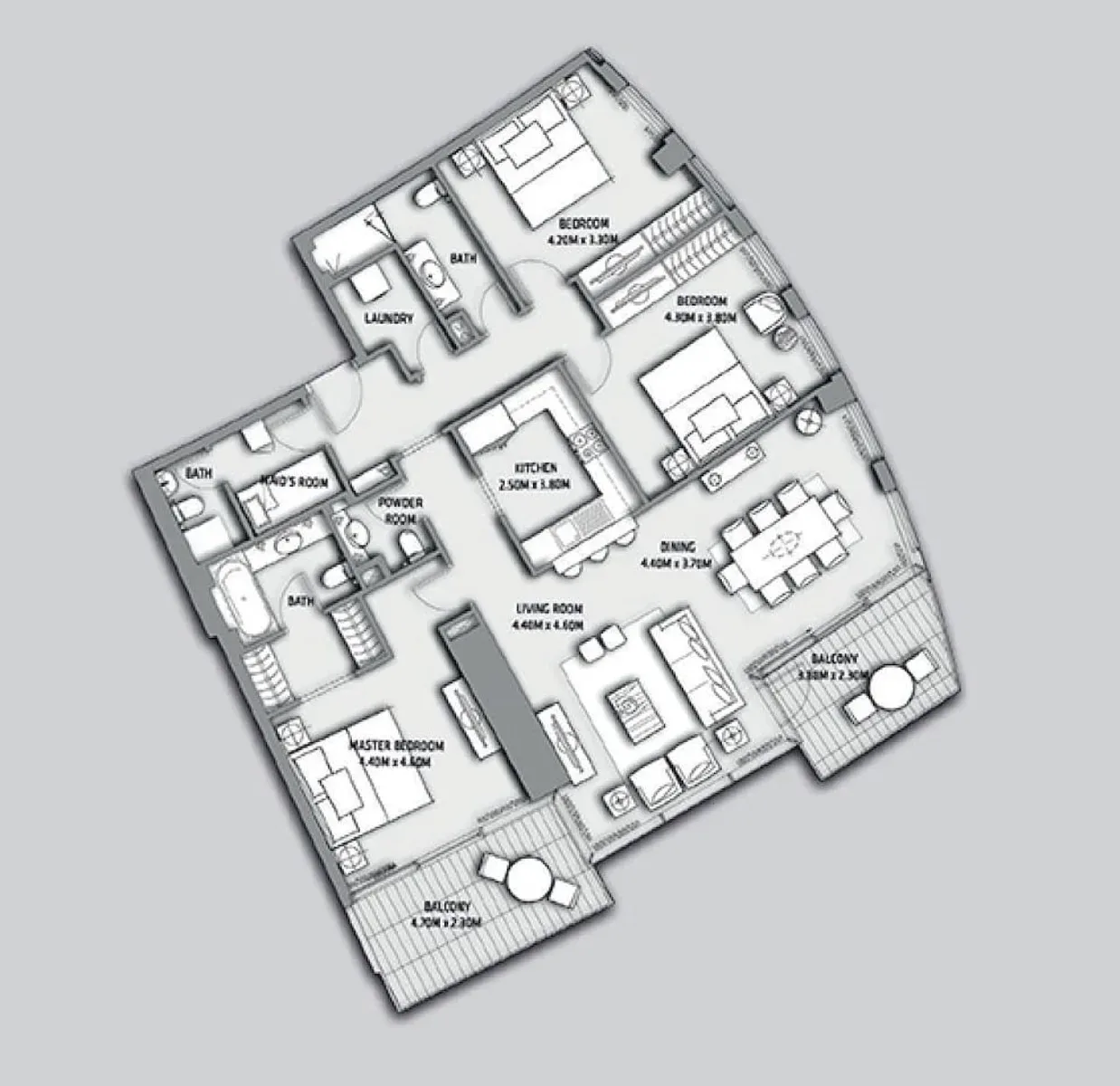 Un plano etiquetado de un apartamento muestra dormitorios, zonas de estar y comedor, y balcones.