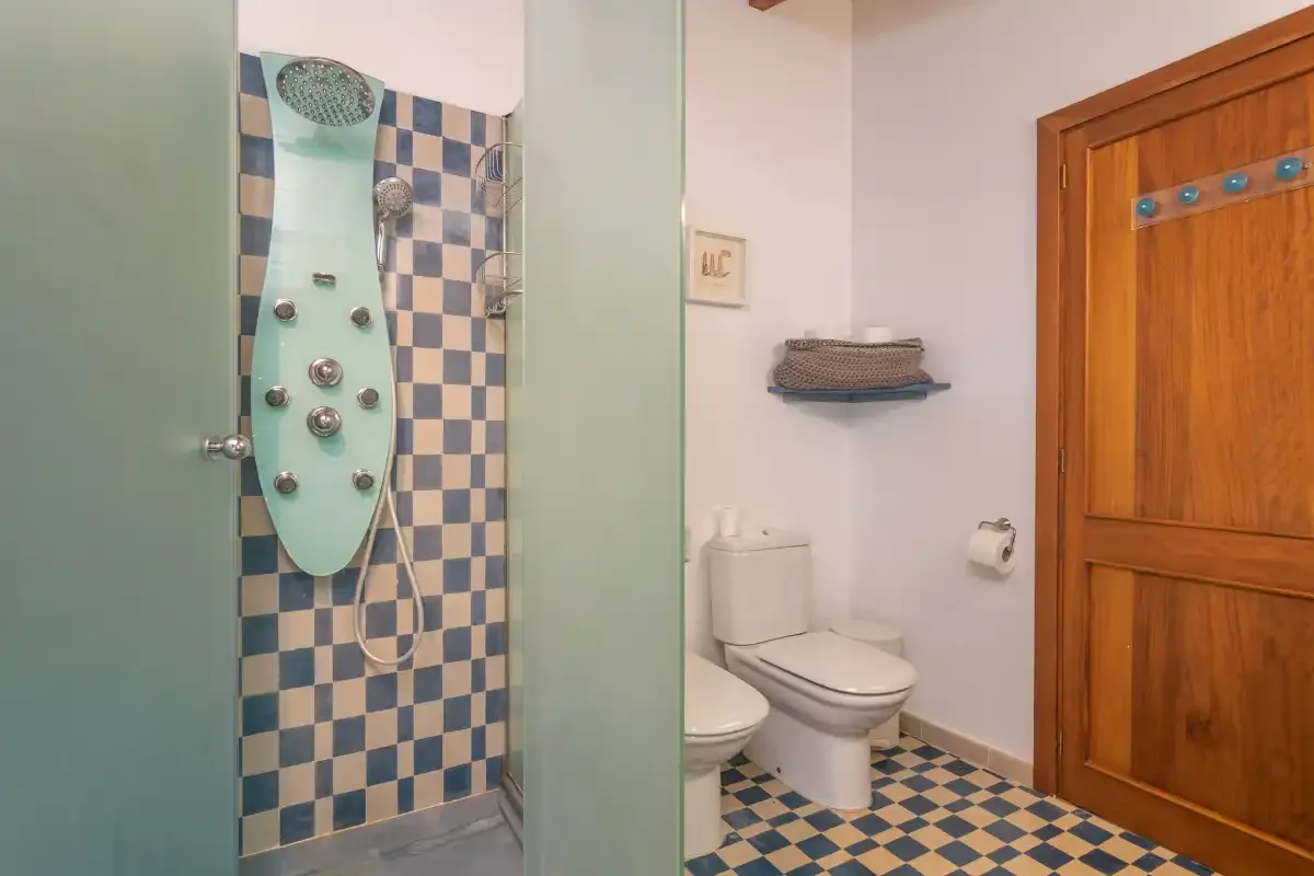 A bathroom with a tiled shower area and toilet beside a wooden door.