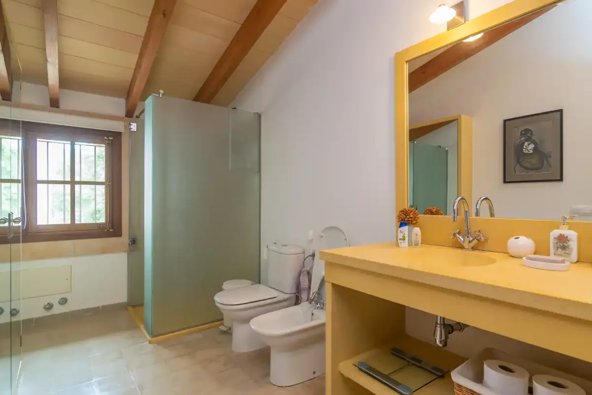 A bathroom with a glass shower, toilet, bidet, and wooden vanity.