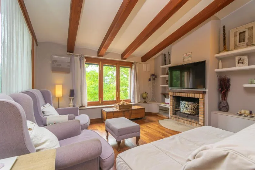 A living room with upholstered seating, a fireplace, and large windows.