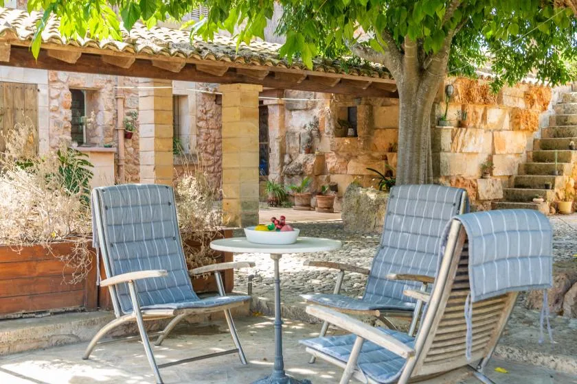 An outdoor patio with seating beneath a leafy tree.