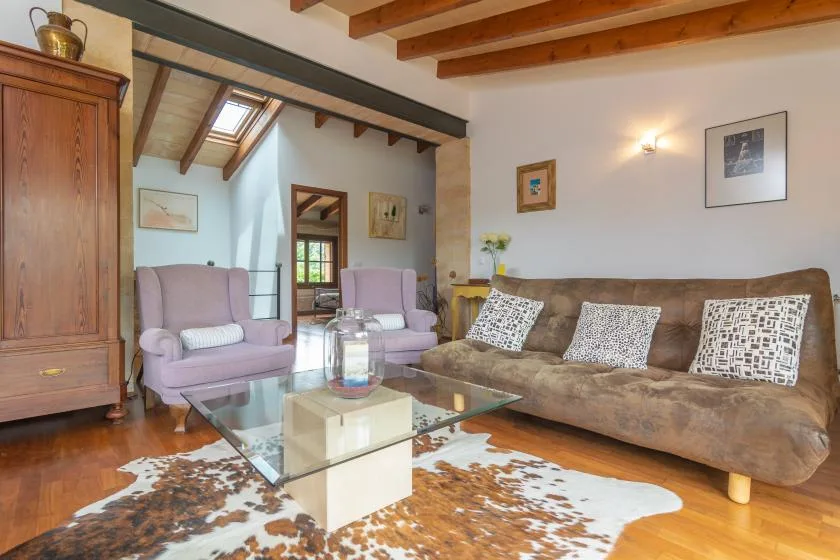 A living room with seating around a glass coffee table and a patterned rug.