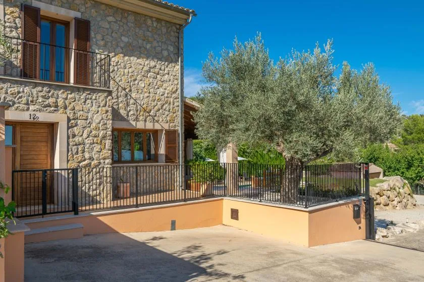 A stone house with a fenced patio and an olive tree.