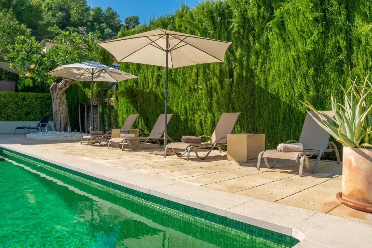 An outdoor swimming pool bordered by sun loungers and large umbrellas.