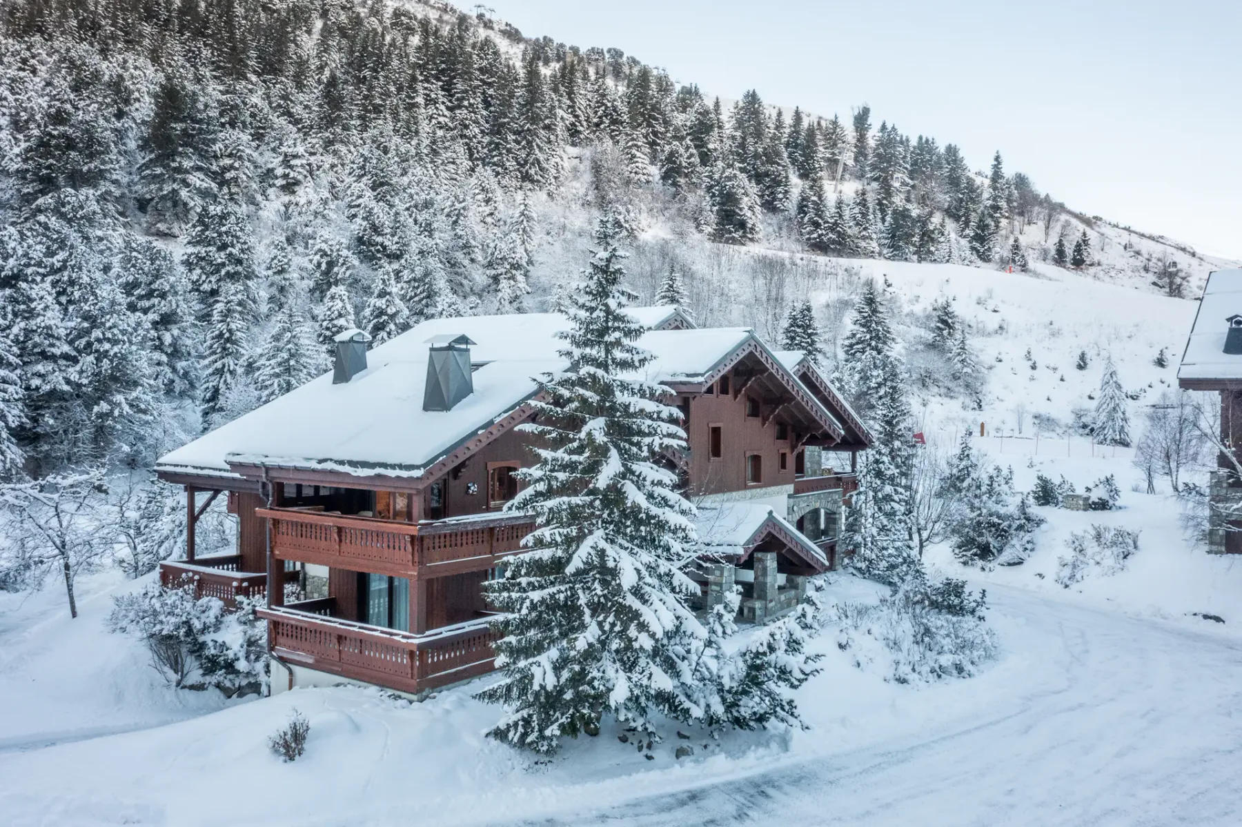 A large wooden chalet surrounded by snow-covered trees and shrubs on a clear winter day.