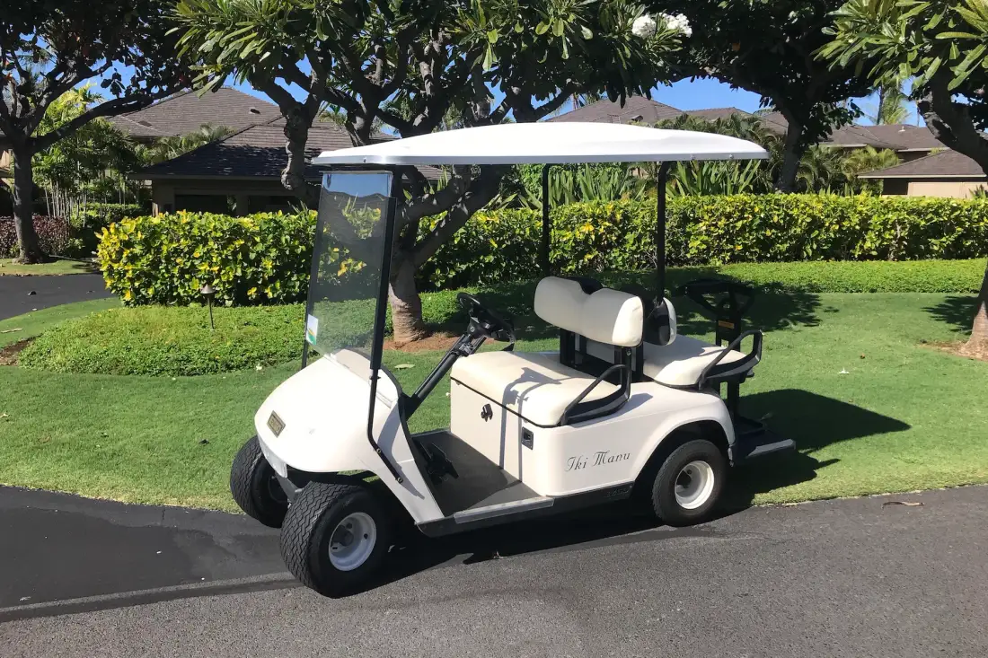 A golf cart is parked on a paved path beside a grassy lawn.
