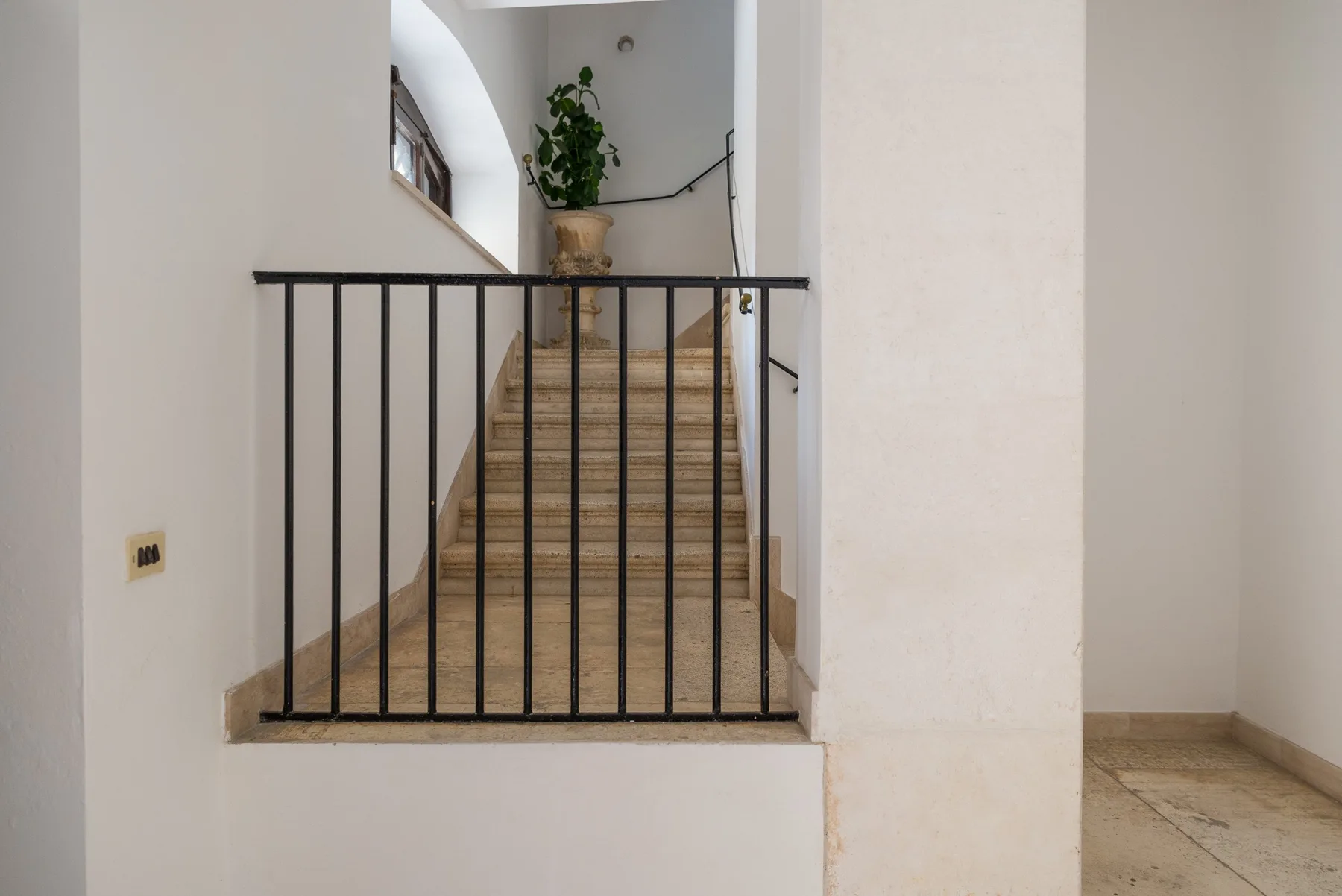 Una escalera interior sube detrás de una barandilla metálica negra, con una planta en maceta arriba.