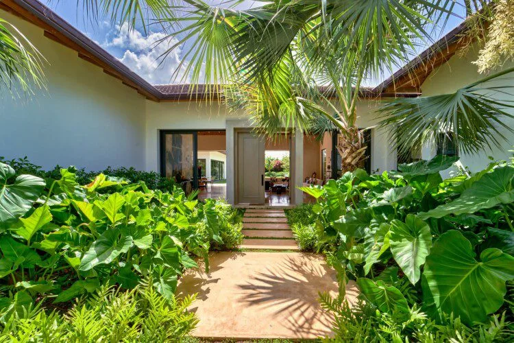 Un sendero de jardín pasa entre plantas tropicales frondosas y conduce a una entrada.