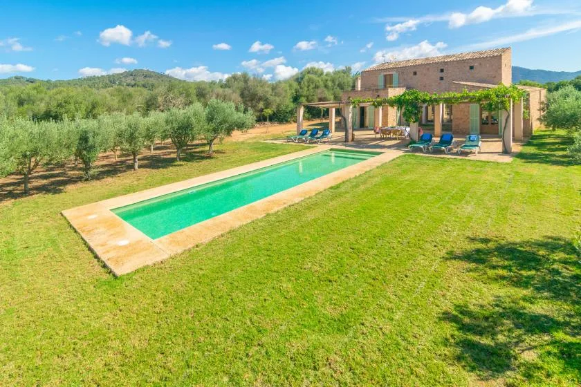 A swimming pool and lawn in front of a house and shaded patio.