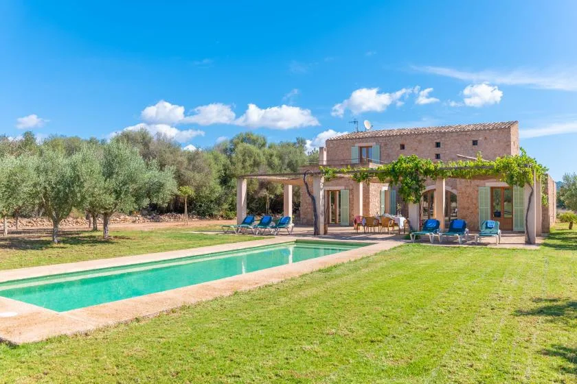 A brick house stands beside a long swimming pool and grassy yard.