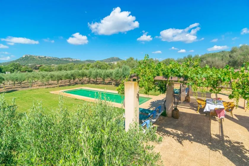 An outdoor pool and shaded dining area sit among trees, with hills in the distance.