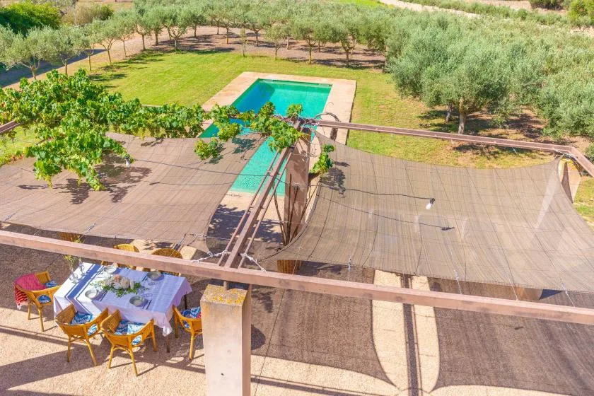 An outdoor pool and patio sit beside a grassy garden with trees.