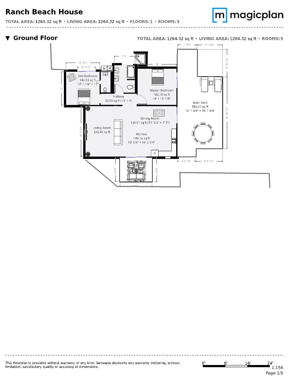 Un plano de una casa en planta baja muestra habitaciones y una terraza amueblada.
