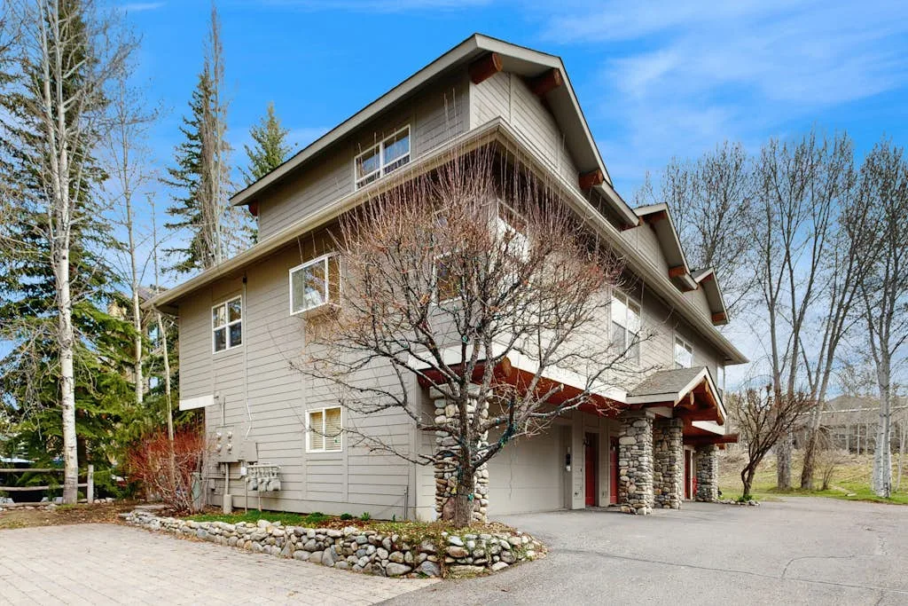 A large house with a driveway and bare trees in front.