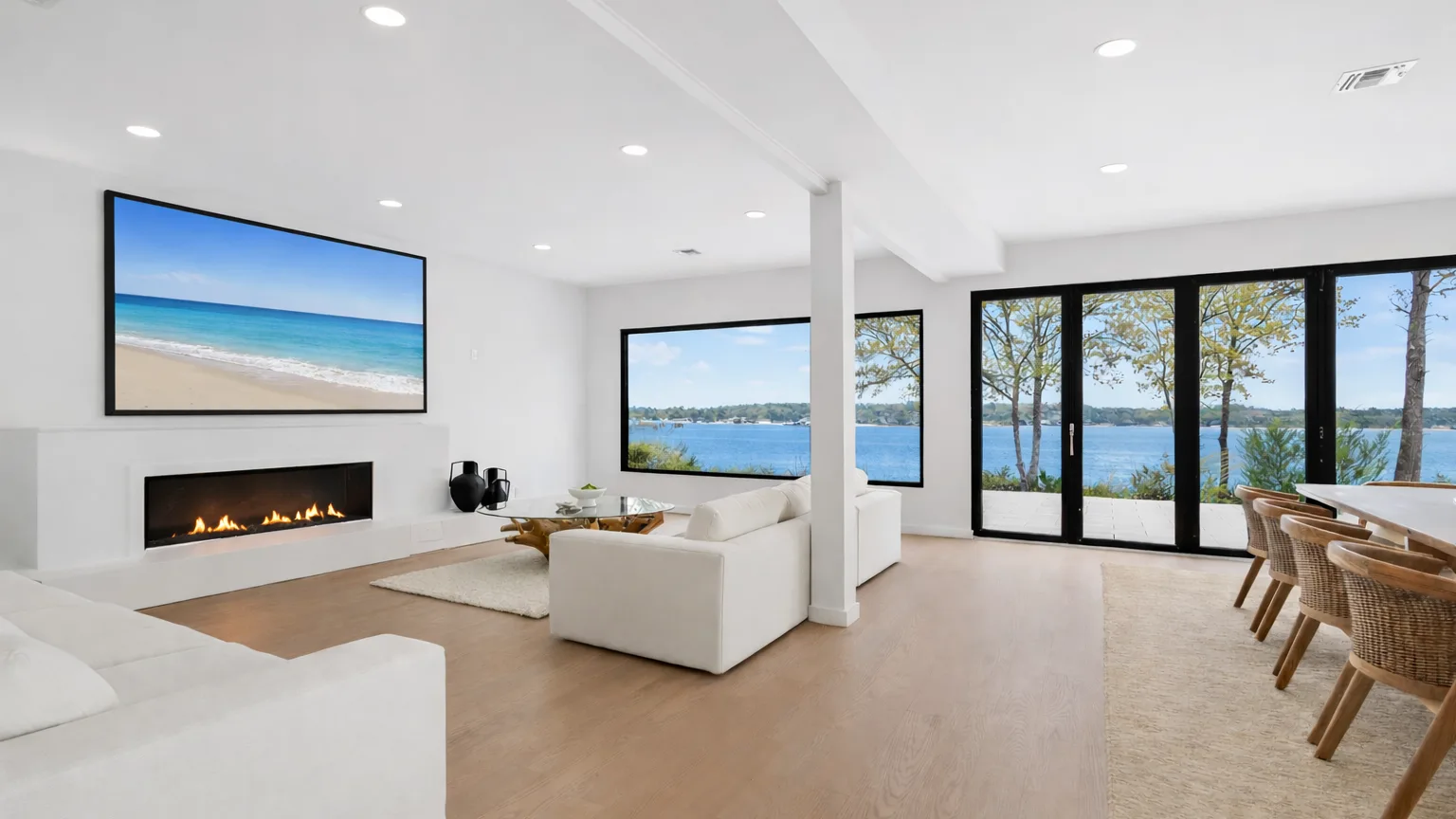 A bright open-plan living and dining area with large windows overlooking the water.