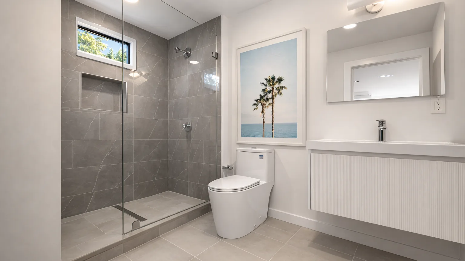 A modern bathroom with a glass-sided shower, toilet, and vanity.