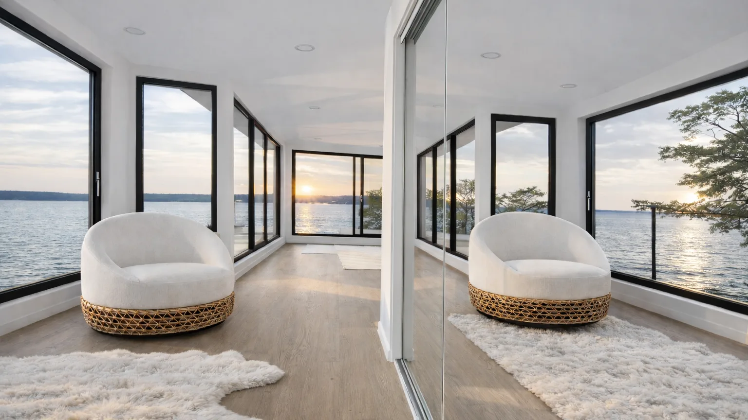 A bright waterside room with large windows and a rounded chair.