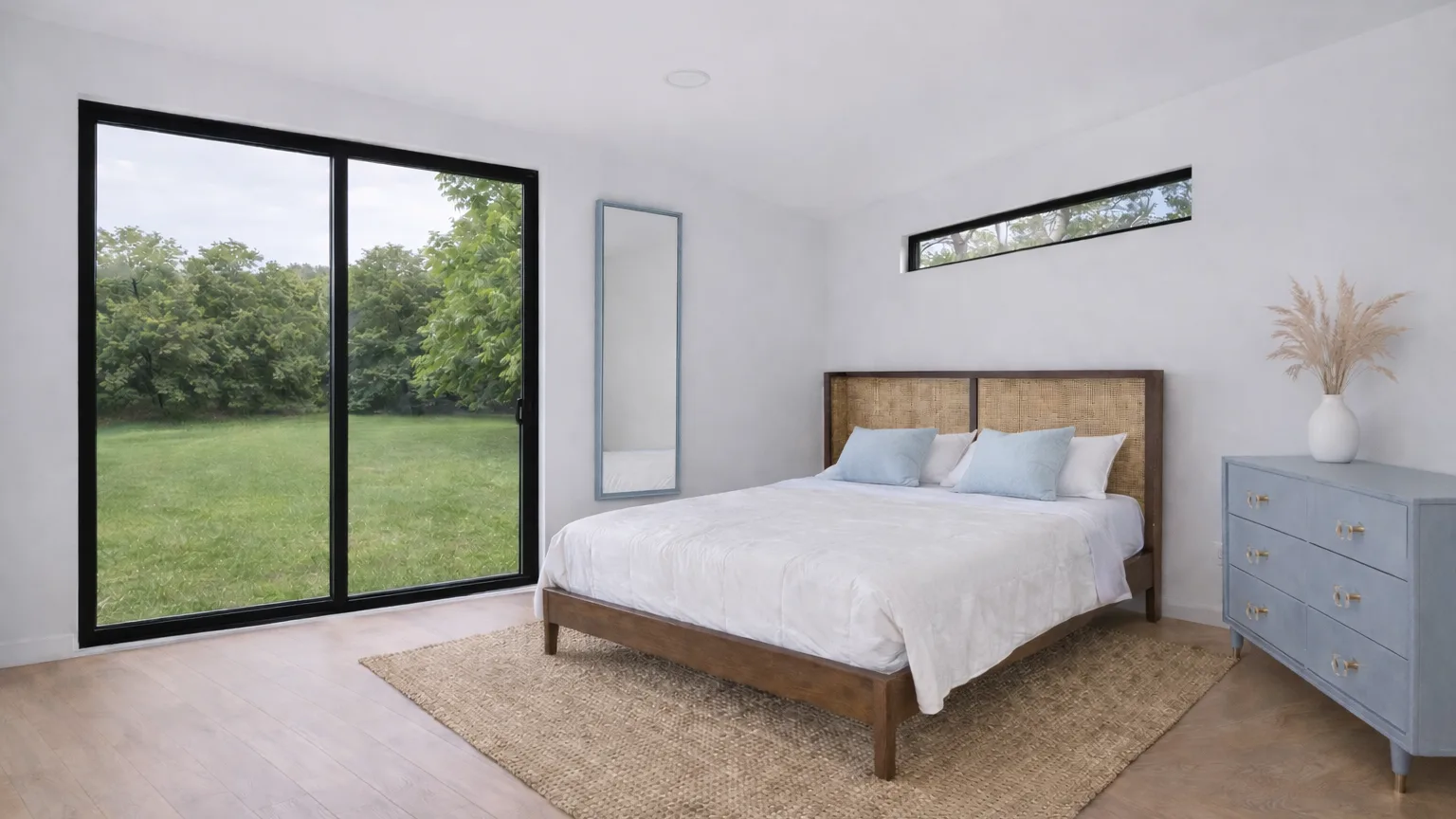 A bright bedroom with a bed facing large windows overlooking a green lawn.