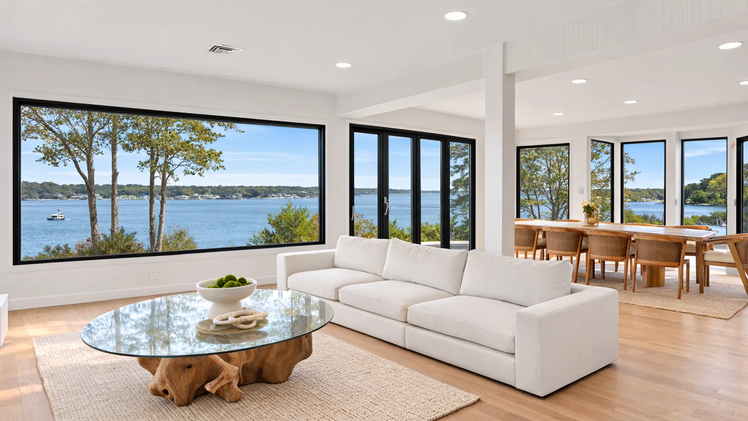 A bright living and dining area opens onto wide windows overlooking the water.