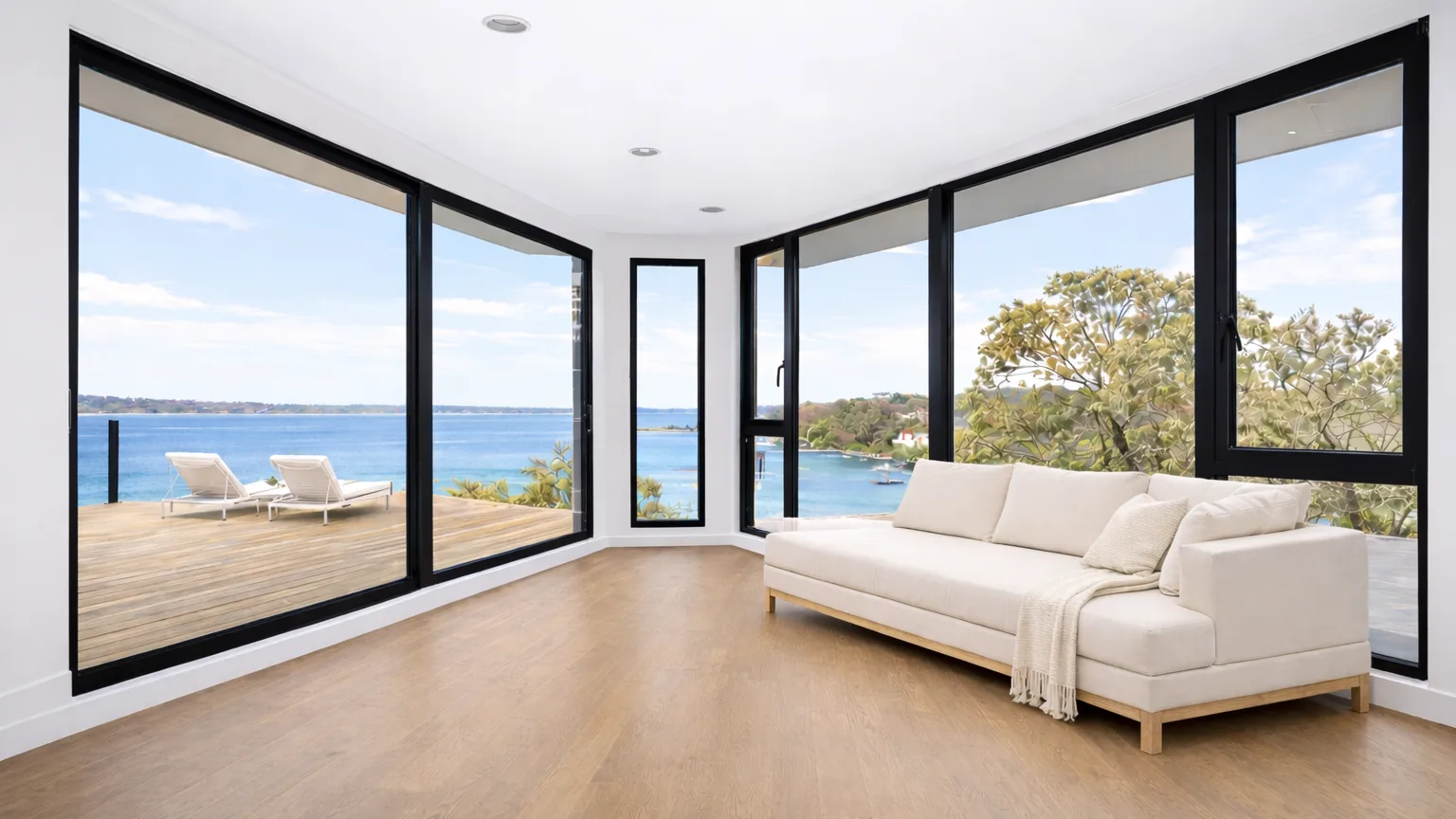 A bright living room with a sectional sofa and expansive windows overlooking the water.