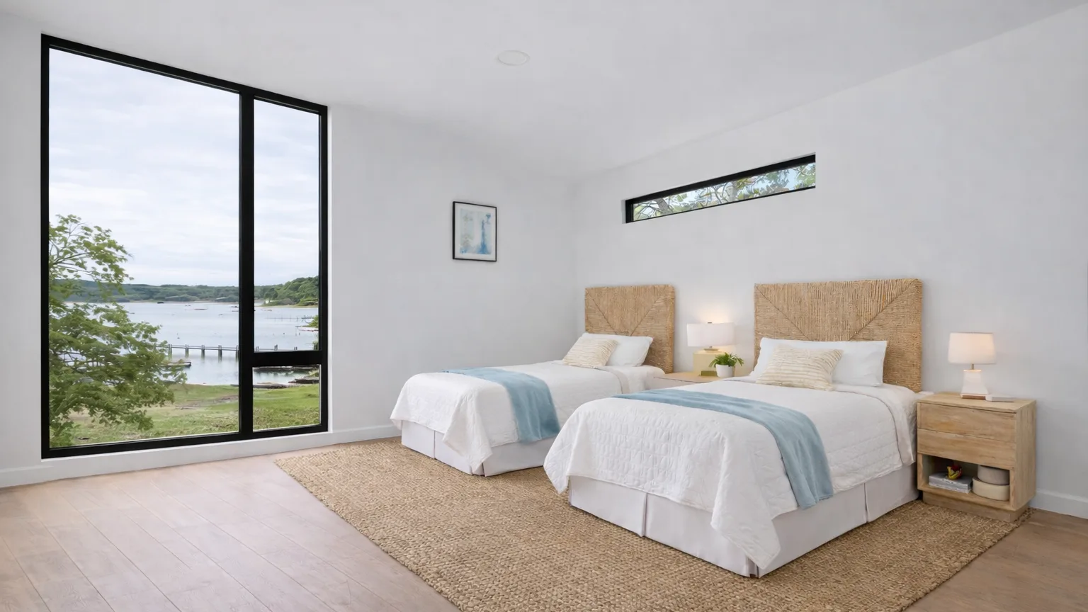 A bright bedroom with two beds, bedside tables, and large windows overlooking greenery.