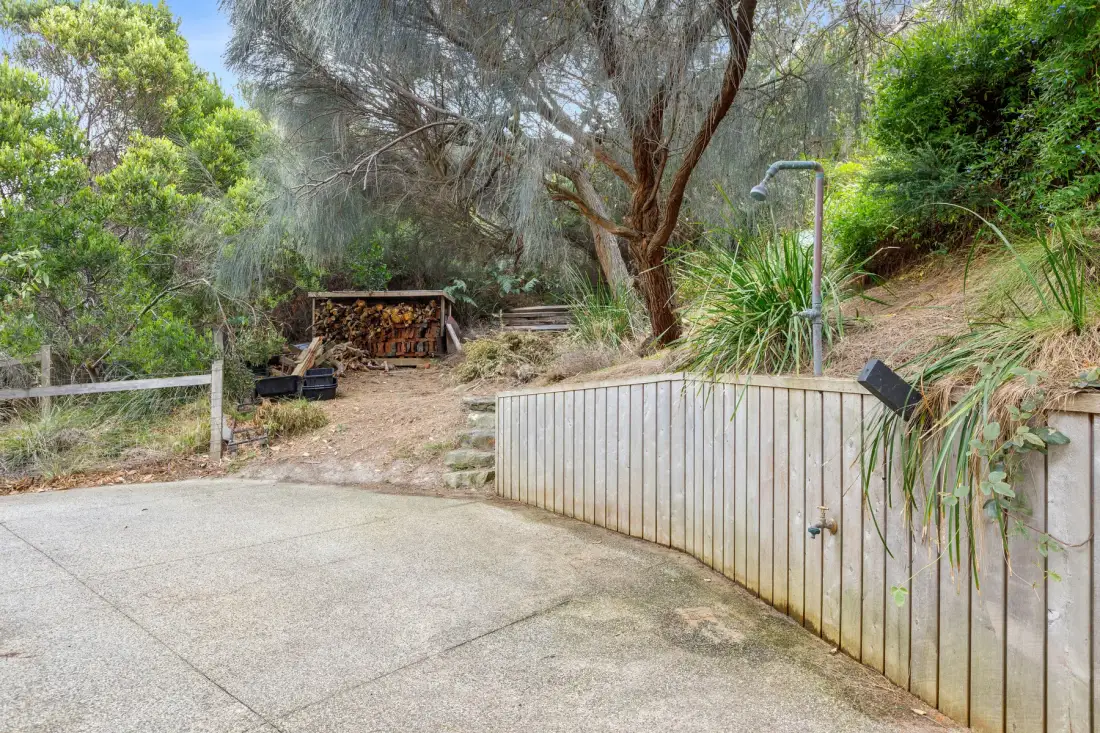 An outdoor path curves past a low wall and dense greenery.
