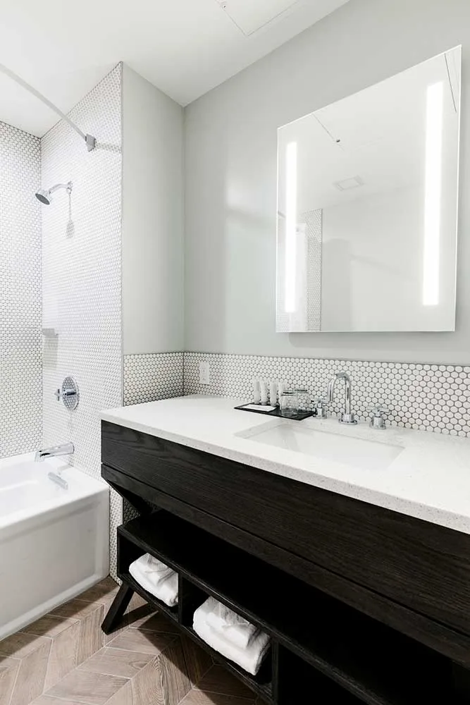 Hotel washroom vanity.