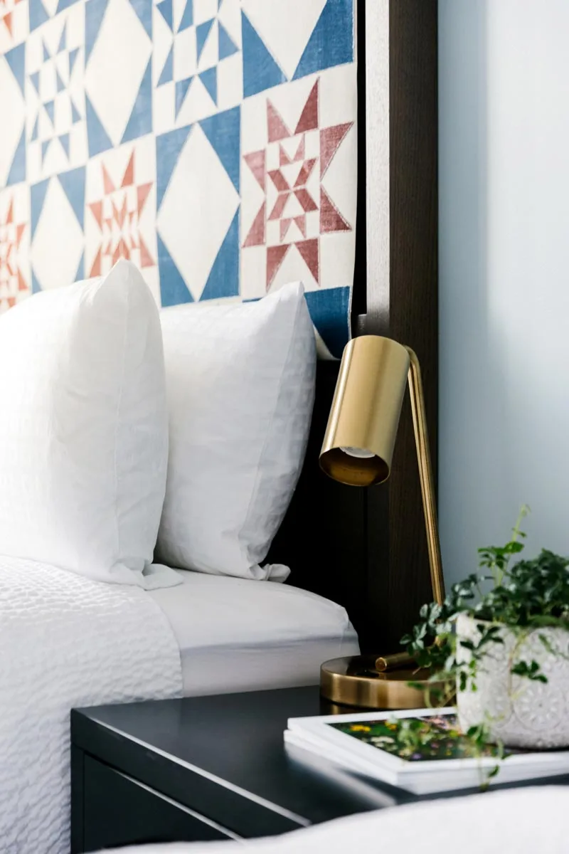 Hotel room bedside table.