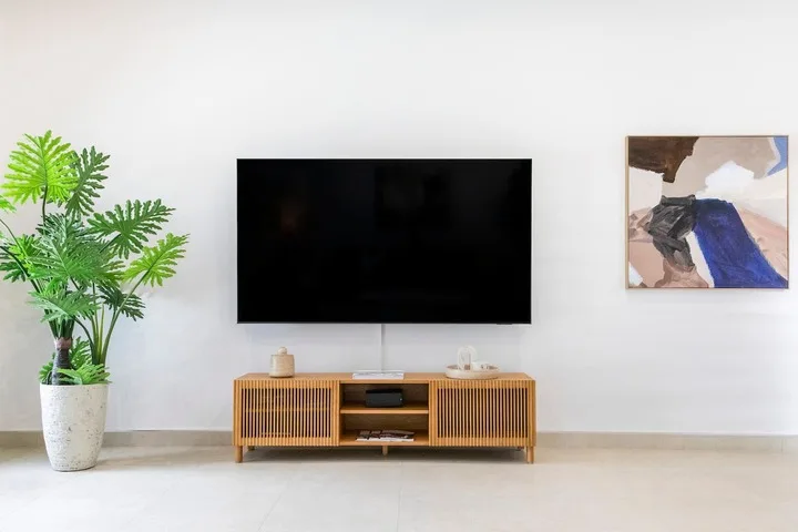 Una sala de estar con un televisor sobre un mueble de madera y una planta en maceta.