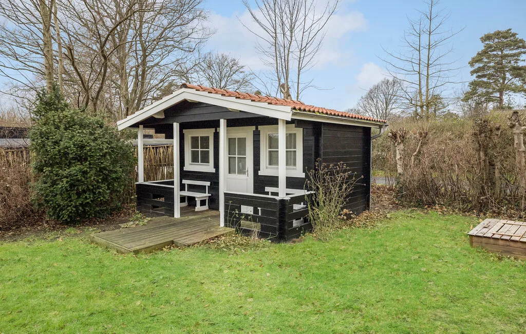 A small black cabin with white-trimmed windows sits beside a grassy yard.