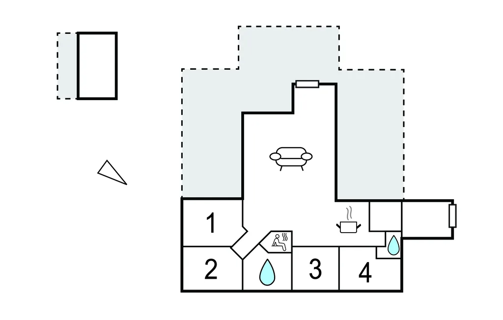 A floor plan shows a seating area, four numbered rooms, and bathroom fixtures.