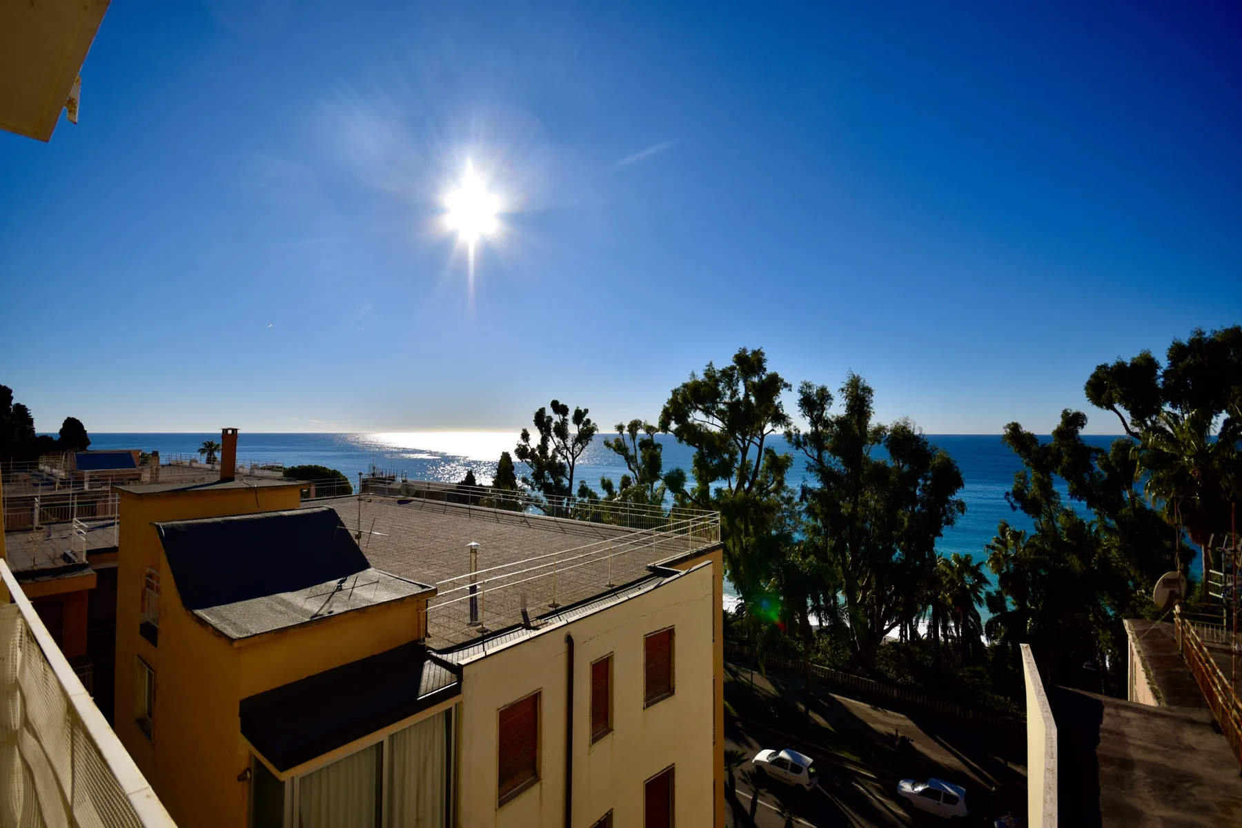 A sunny coastal view overlooks rooftops, trees, and the ocean.