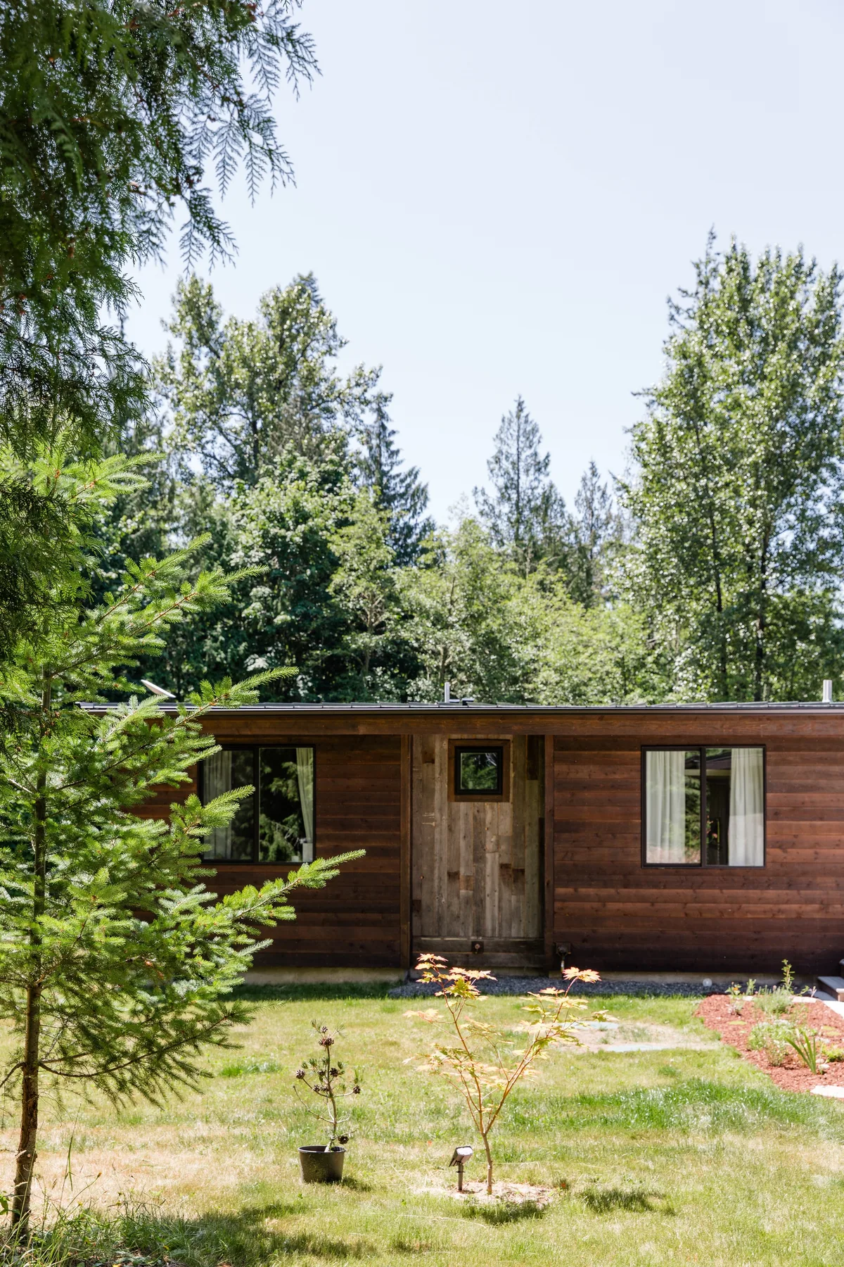 Una cabaña de madera está en un claro con césped, rodeada de árboles.