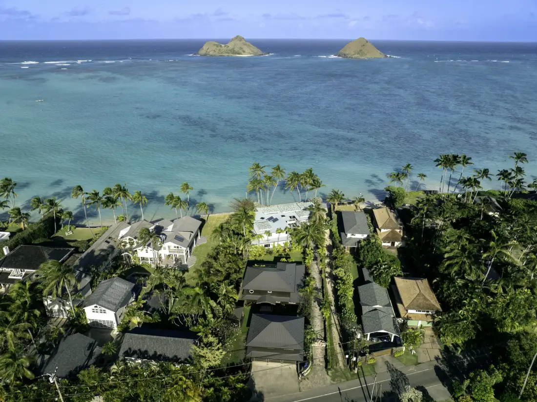 An aerial view of homes and palm trees along a tropical coastline.