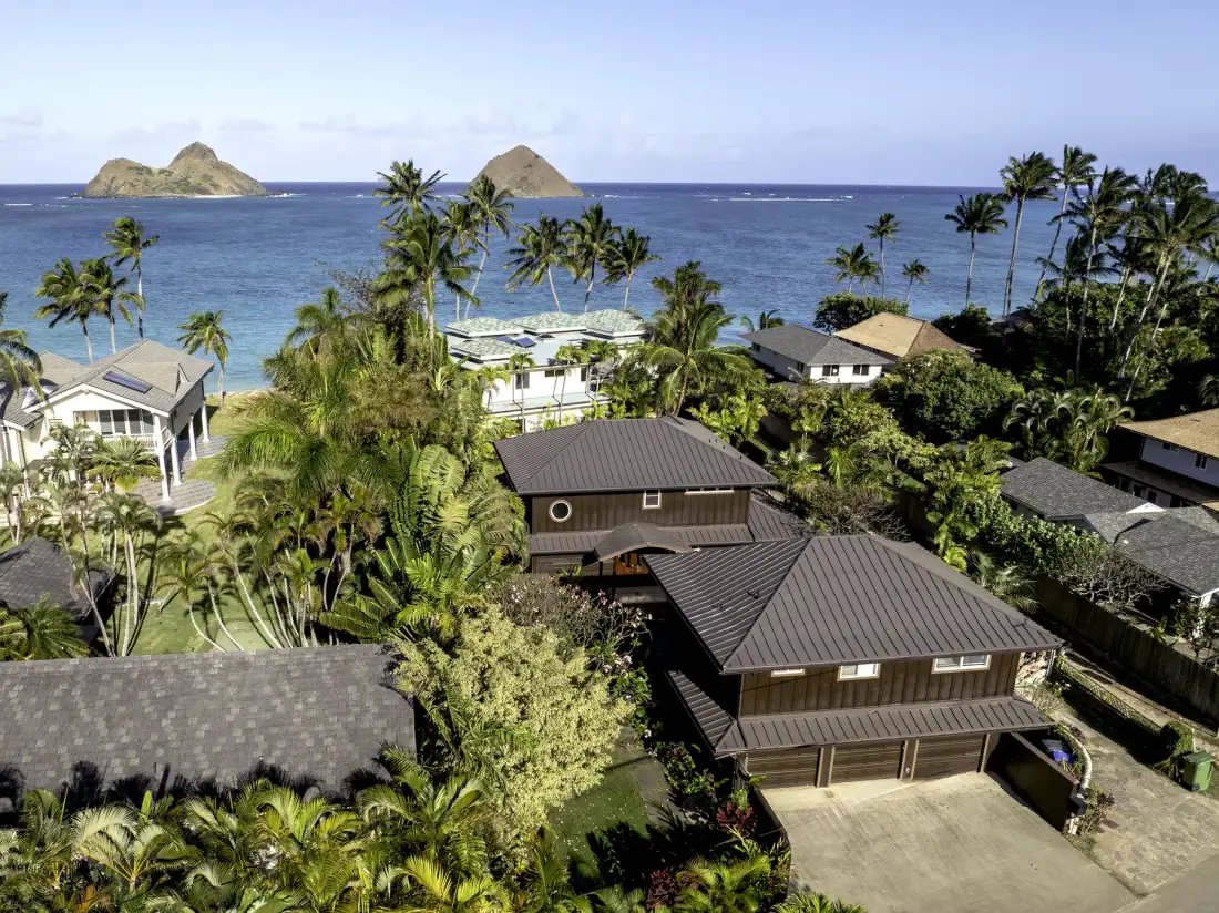 Aerial view of coastal homes among tropical greenery beside the ocean.